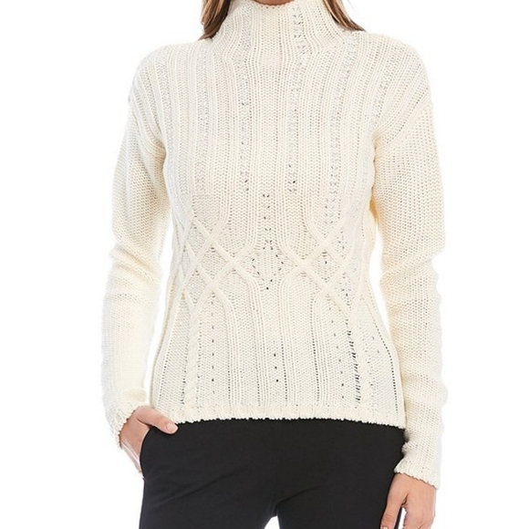 Donna Karan Embellished Cable Knit Mock Turtle Neck Wool Blend Thick Sweater - Picture 5 of 14